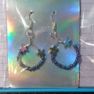 Starry Blue Beaded Hoop Earrings